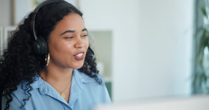 Business woman, consultant or virtual assistance with headset for online advice in office. Female person, friendly agent or talking with mic for customer service, support or call center communication