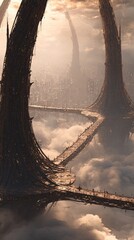 Futuristic Cityscape Above Clouds With Glowing Towers