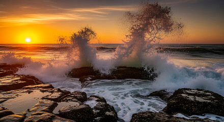 Fototapeta premium Golden Hour Grandeur Powerful Ocean Waves Crash Against Rugged Coastal Rocks Under a Fiery Sunset Sky, Capturing Nature's Dramatic Beauty and Raw Energy