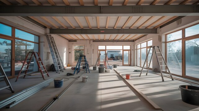 Bright modern interior construction site with large windows, ladders, and building materials awaiting completion for a dream home