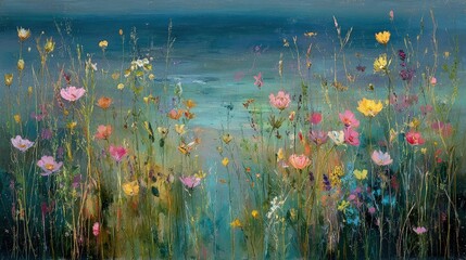 Colorful Field Of Flowers Under Night Sky