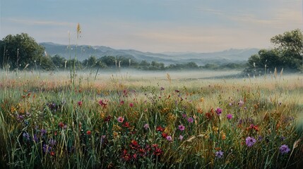 Colorful Meadow At Sunrise With Mist