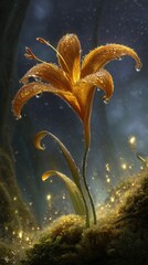 Glowing Orange Lily In Fantasy Forest