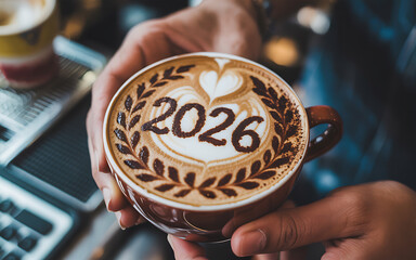 A cup of cappuccino with 2026 written in foam art