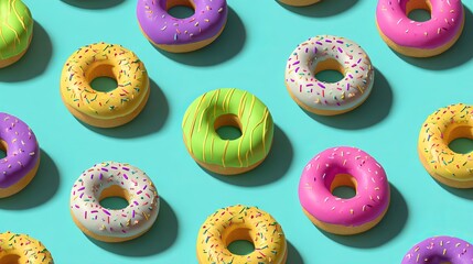 Colorful donuts with sprinkles on a bright blue background create a fun, vibrant, and irresistible pattern, perfect for food blogs and sweet treat promotions