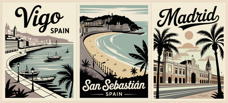 Vintage style vector travel poster set of Vigo, San Sebastián, and Madrid, featuring bold black silhouettes, muted blue tones, retro typography, and stylized coastal and architectural landmarks