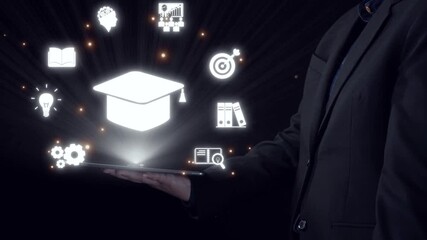 A professional in business attire presents a tablet showcasing animated icons related to education and technology, set against a sleek dark backdrop, symbolizing innovation. Qubit