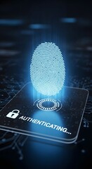 A futuristic digital fingerprint scanning device displaying an authentication process on a high-tech screen with glowing blue elements and digital interface details