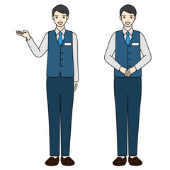 Full body illustration of a man in a vest making a guiding gesture