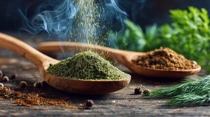 Culinary herbs and spices falling onto spoon creating flavorful aroma, perfect for cooking enthusiasts and food bloggers, adding zest and excitement