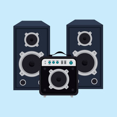 Illustration of two large speakers flanking a smaller amplifier on a light blue background creating a music studio or sound system vibe perfect for audio enthusiasts and designers