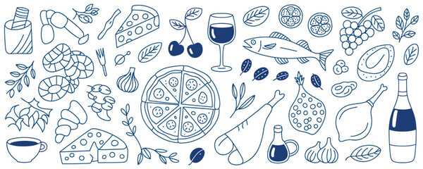 Blue line art doodle collection of food and drink items on a white background illustration