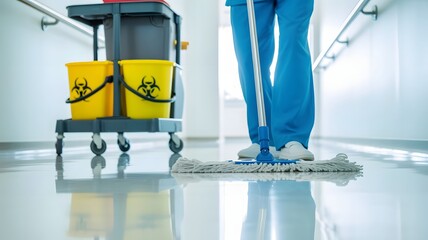 Dedicated cleaner diligently sanitizing hospital hallway with biohazard buckets and mop, ensuring a pristine and safe environment for patients and staff.