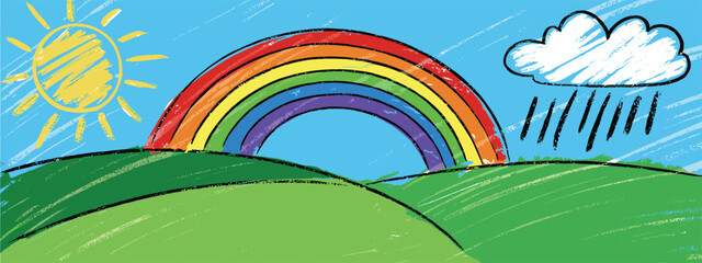 Childlike Drawing of a Sunny Day with a Rainbow, Cloud, Rain, and Green Hills child drawing crayon