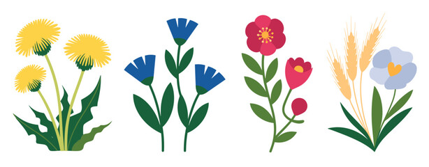 Collection of Stylized Flowers and Wheat Stalks on White Background Keywords: flowers, dandelions, bluebells, poppies, wheat, stalks, botanical