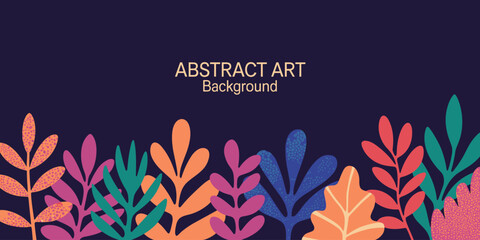 Colorful Abstract Tropical Leaves Border on Dark Navy Blue Background with Text vector illustration