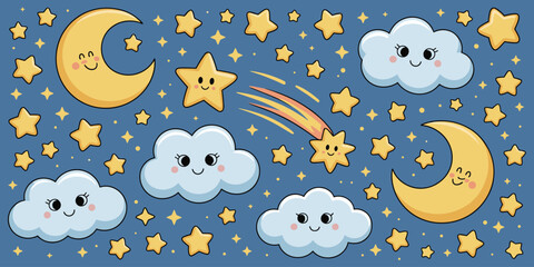 Cute Cartoon Moon Stars and Clouds on a Blue Night Sky Background Keywords: night, sky, moon, stars, clouds, cute, cartoon, celestial, twinkle