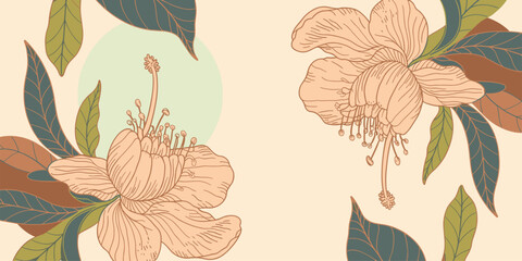 Delicate Line Art Floral Pattern with Soft Pastel Colors and Leaf Accents Keywords: floral, pattern, botanical, leaves, flowers, nature