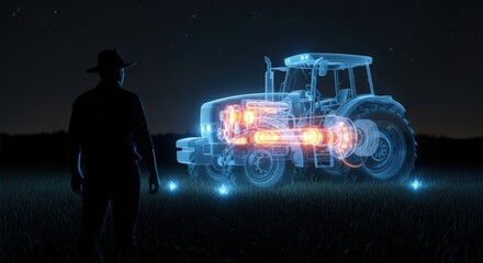 Farmer in silhouette observing futuristic holographic tractor in a dark field at night