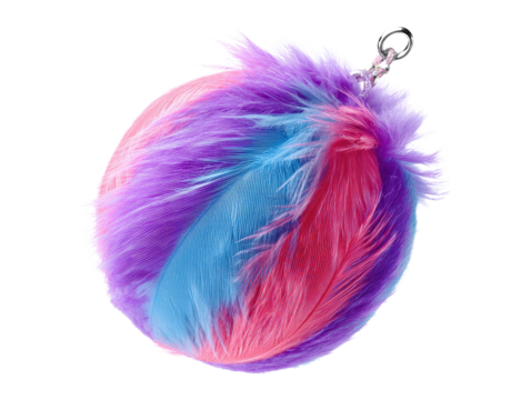 Colorful feather pom pom keychain featuring vibrant shades of purple, pink, and blue, perfect for adding playful touch to