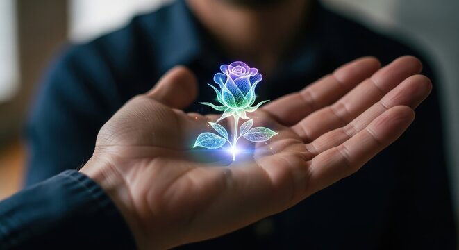 Man holding a glowing holographic rose in his open palm with vibrant colors