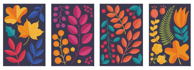 Four Vertical Panels Of Colorful Abstract Autumnal Leaves And Flowers In Bold Geometric Style vector