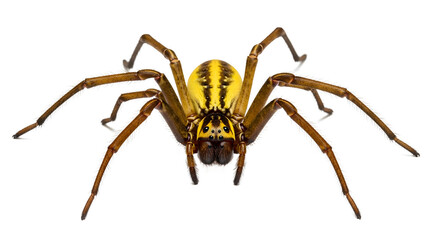 Obraz premium Yellow sac spider close-up featuring detailed markings isolated on a white background for scientific study or educational purposes