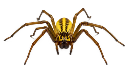Yellow sac spider close-up featuring detailed markings isolated on a white background for scientific study or educational purposes
