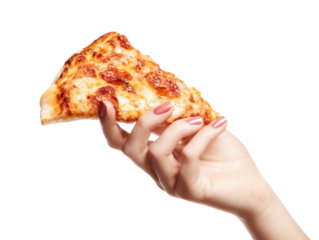 Delicious pizza slice held by hand, showcasing melted cheese and crispy crust, perfect for food lovers