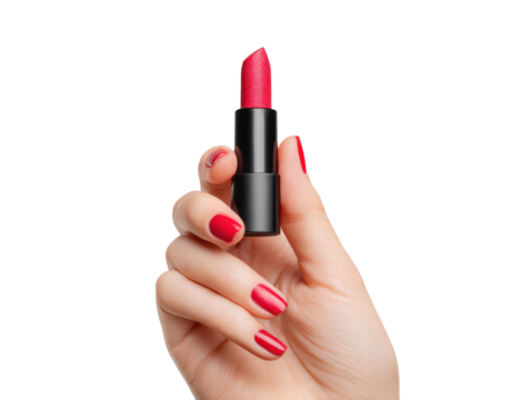 Hand holding vibrant red lipstick, showcasing stylish beauty product with sleek design. nails are painted matching red shade