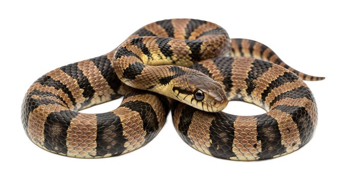 Harmless banded water snake Nerodia fasciata coiled on a white background ideal for educational or wildlife content