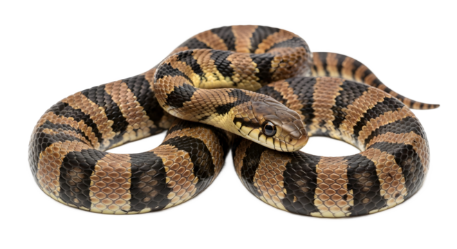 Harmless banded water snake Nerodia fasciata coiled on a white background ideal for educational or wildlife content