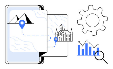 Smartphone display with map, location pin, and route to a castle, gear icon, bar graph with magnifier. Ideal for travel, navigation, technology analytics tourism planning exploration. Simple flat