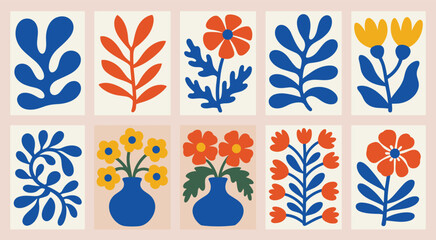 Matisse-inspired abstract floral and leaf cutouts in bold colors on a cream background vector illustration