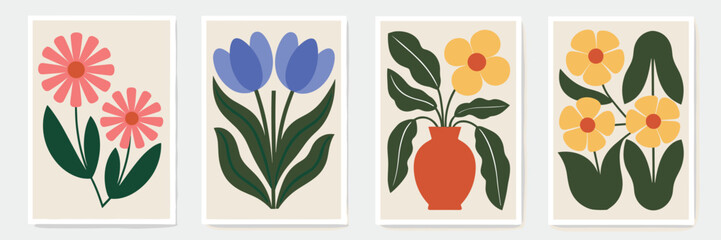Mid Century Modern Floral Art Prints Set Of Four Abstract Botanical Illustrations vector illustration