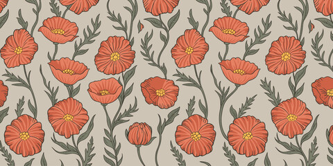 Repeating Pattern of Stylized Red Poppies with Green Stems and Leaves floral seamless