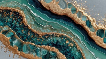 Vibrant Emerald Green and Gold Marbled Fluid Art with Metallic Layers, Crystal Geode Elements, Shiny Resin Flow, and Rich Luxury Background Texture