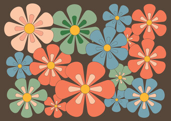 Retro Floral Pattern with Pastel and Earthy Tones on a Dark Brown Background flower vintage