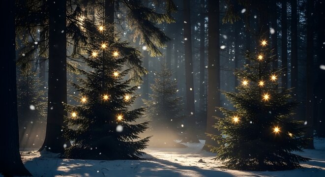 Christmas trees glowing with star lights in a snowy forest during winter creating a magical holiday scene