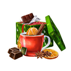 Red-green composition Christmas treats and Christmas gift box