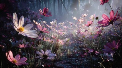 Magical Pink Cosmos Field In Forest