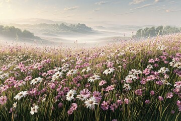 Vast Field Of Pink And White Flowers At Sunrise