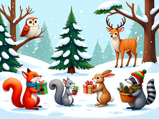 Cute forest animals celebrate Christmas with gifts, tea and decorations near a festive tree in snowy woods.