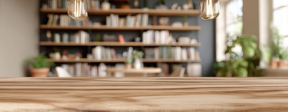The wooden countertop foreground with blurred bookshelf and pendant lights in cozy interior