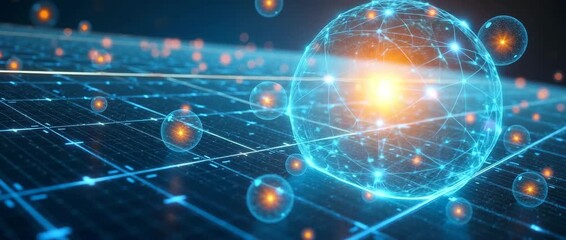 Glowing digital spheres gently rotate over a futuristic grid with a slow camera pan, creating a mesmerizing, cinematic technology landscape with ambient light flickers and network connections. - Powered by Adobe