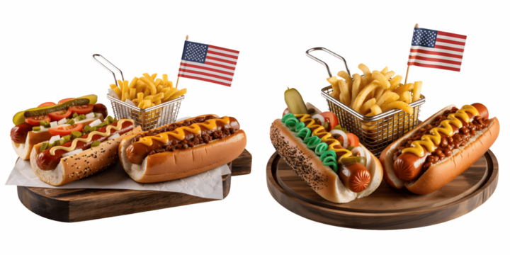 Set for Classic Hot Dogs and French Fries with American Flags isolated on transparent background