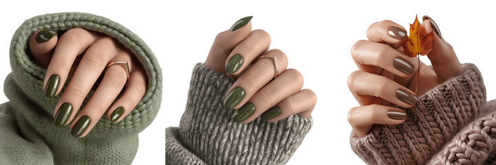 Obraz premium Set for Three Hands with Chic Olive Green Nail Polish isolated on transparent background