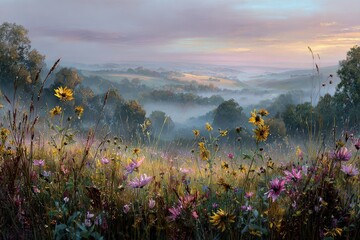 Colorful Meadow At Sunrise With Mist And Hills