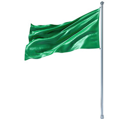 A Realistic 3D Rendering of a Vibrant Green Flag Waving on a Metal Pole Against a Transparent Background