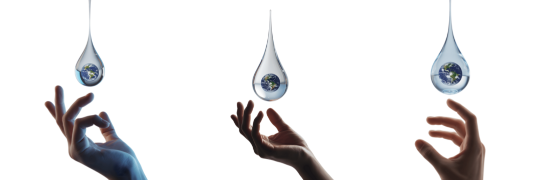 Set for Three Hands Reaching for Water Drops Concept isolated on transparent background - Powered by Adobe